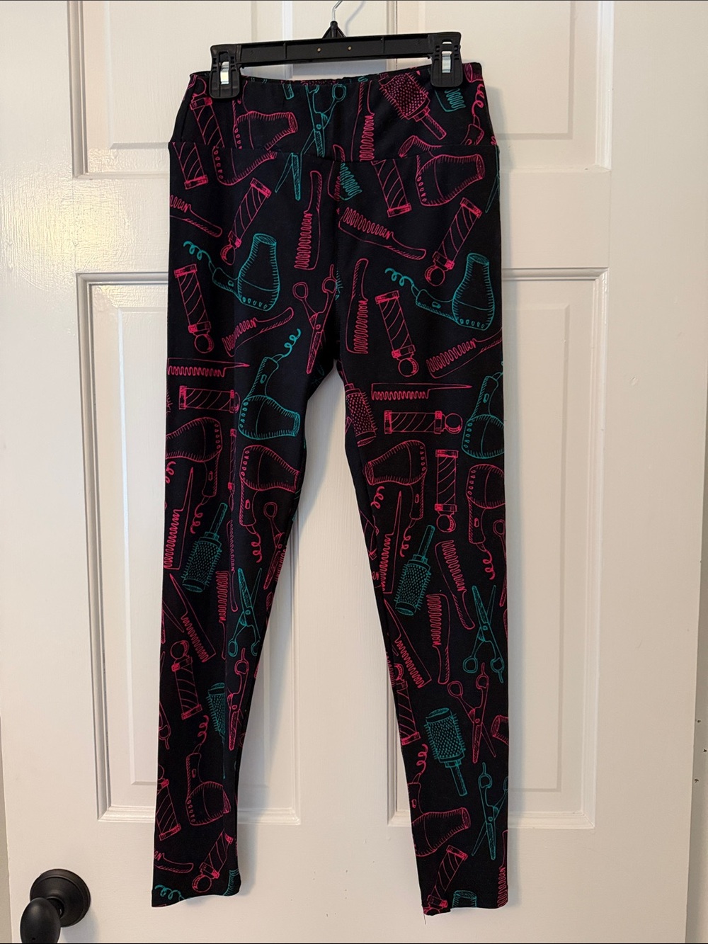 LuLaRoe Black Leggings with Pink & Teal Salon Tools Print
